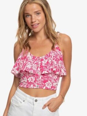 ROXY Crop Top Pink Floral Tropical Hibiscus Ruffle Button Down Jr L ERJKT03685
